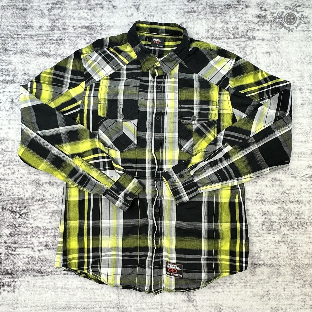 No Fear Y2K Plaid Shirt Men's Large Black Yellow‎ Long Sleeve Button Up